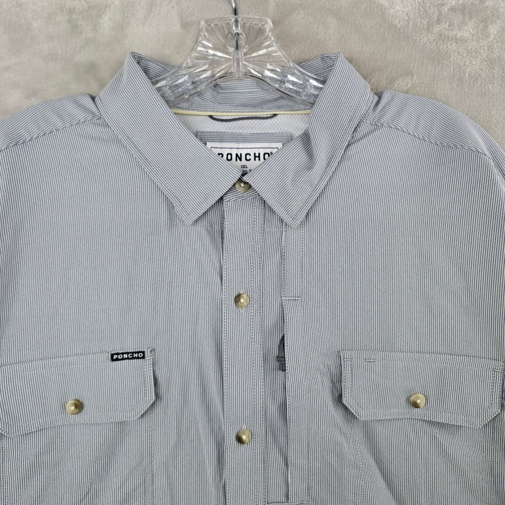 Poncho Fishing Shirt Mens 3XL Blue White Striped Magnetic‎ Pocket Long Sleeve